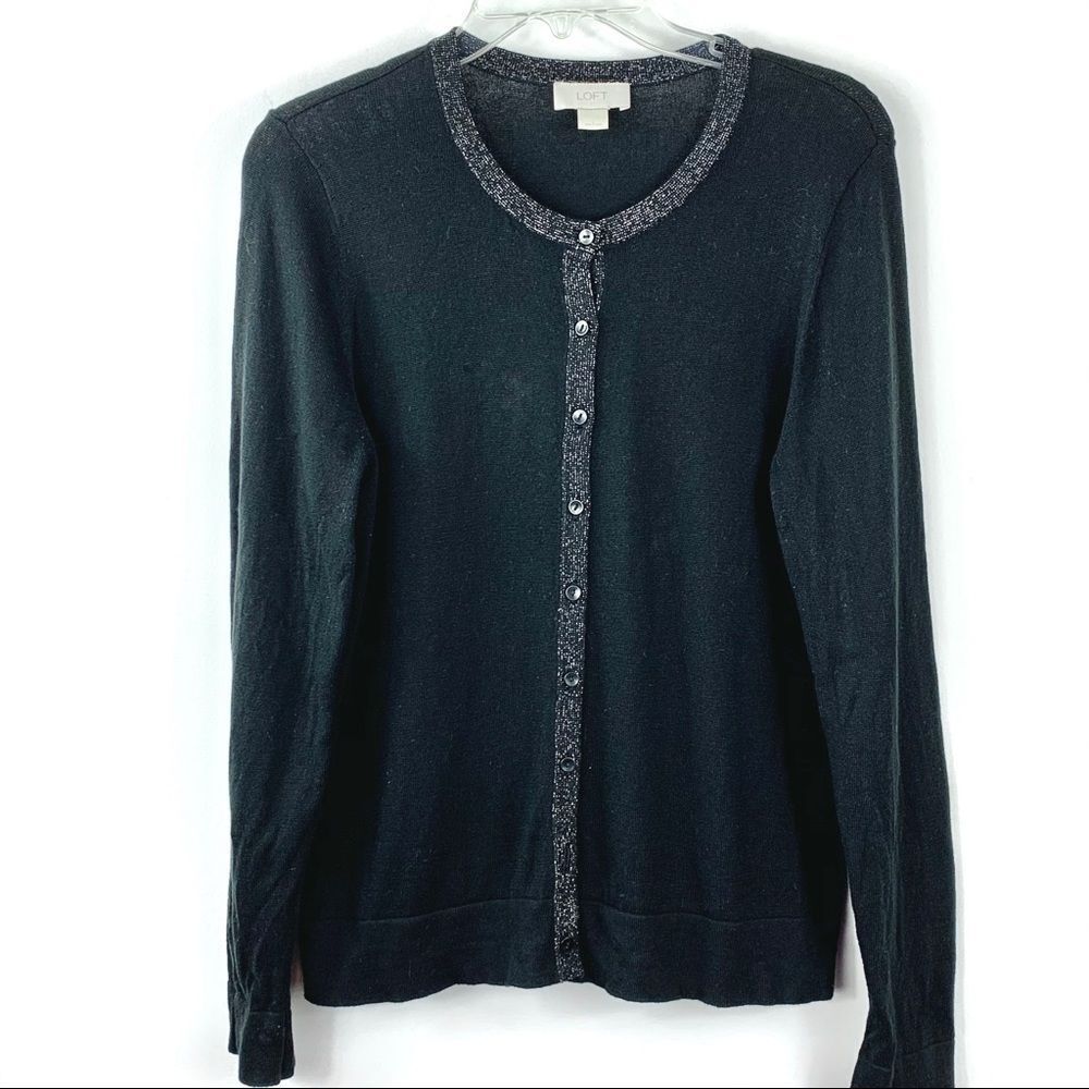 Loft Black Knit Sweater with Silver Trim